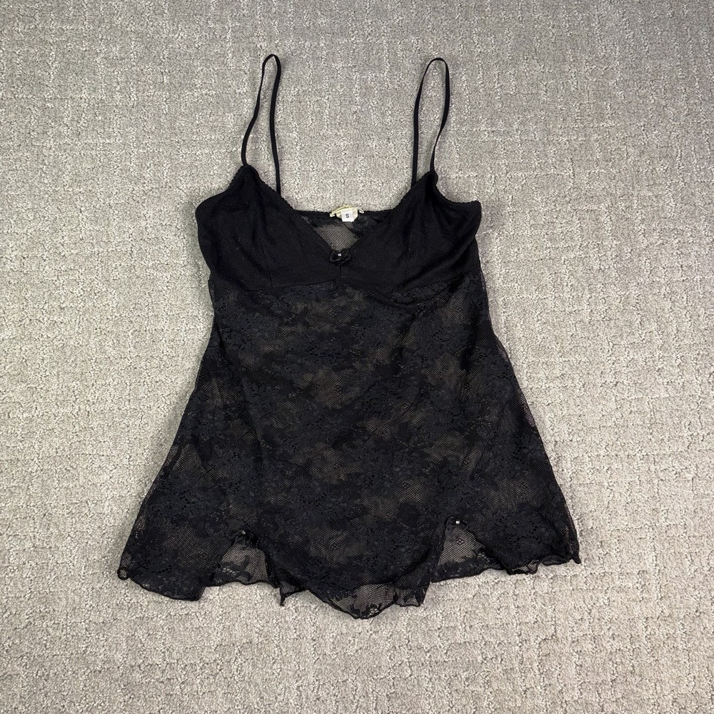 VTG Samantha Chang Black Lace Babydoll Camisole Top Sheer Mesh Whimsigoth S Y2K
